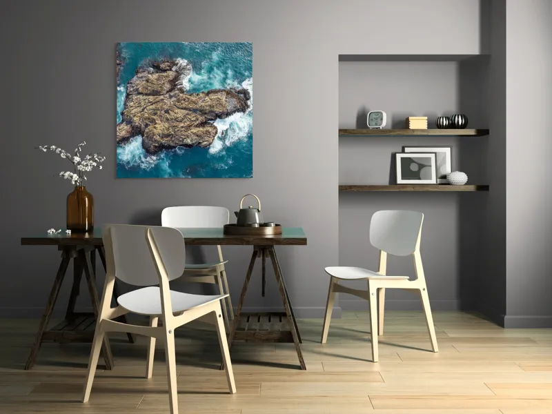 Tablou Canvas, "Valuri spumegânde izbind stâncile marine", Ocean, Stânci, Valuri, Apă, Natură, Albastru, Textură, 100 x 100 cm – poza 6