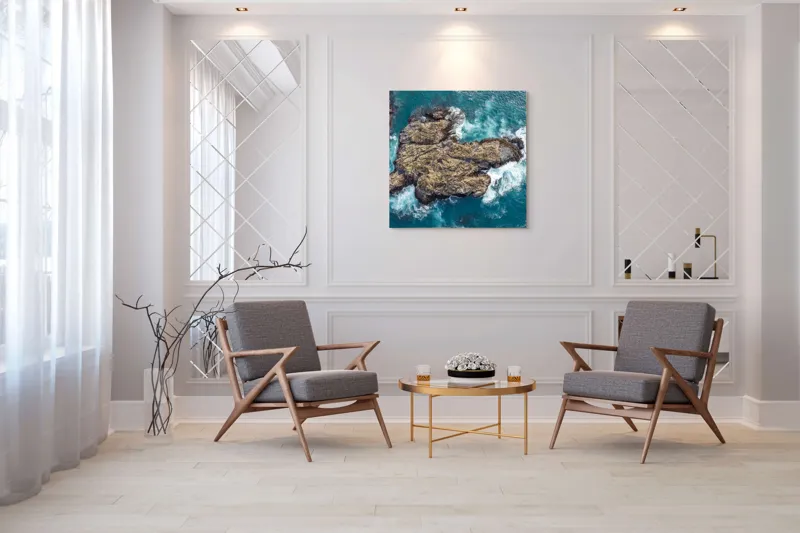 Tablou Canvas, "Valuri spumegânde izbind stâncile marine", Ocean, Stânci, Valuri, Apă, Natură, Albastru, Textură, 100 x 100 cm – poza 7