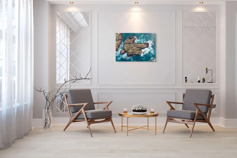 Tablou Canvas, "Valuri spumegânde izbind stâncile marine", Ocean, Stânci, Valuri, Apă, Natură, Albastru, Textură, 100 x 70 cm – poza 5