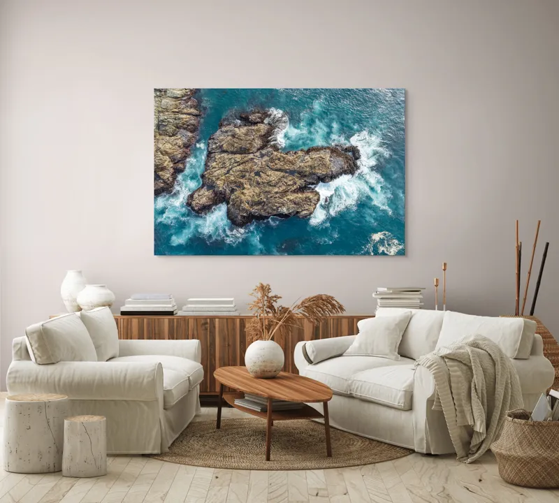Tablou Canvas, "Valuri spumegânde izbind stâncile marine", Ocean, Stânci, Valuri, Apă, Natură, Albastru, Textură, 150 x 100 cm – poza 3