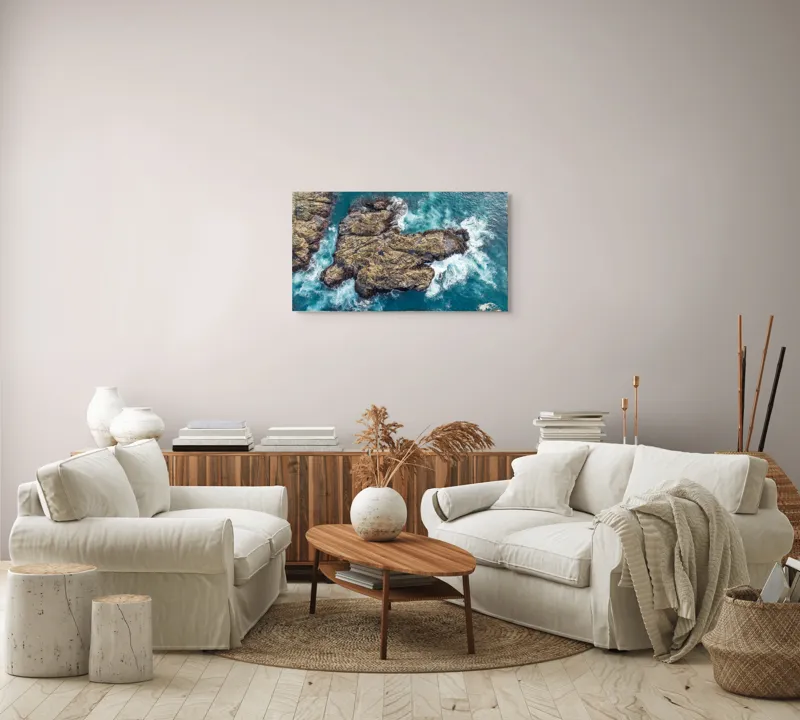 Tablou Canvas, "Valuri spumegânde izbind stâncile marine", Ocean, Stânci, Valuri, Apă, Natură, Albastru, Textură, 90 x 50 cm – poza 4