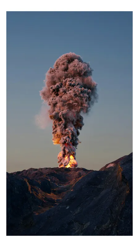Tablou Canvas, "Eruptia vulcanului la apus", Nor, Erupție, Fum, Vulcan, Cer, Lava, Explozie, Impact, Seară, Peisaj, 70 x 100 cm