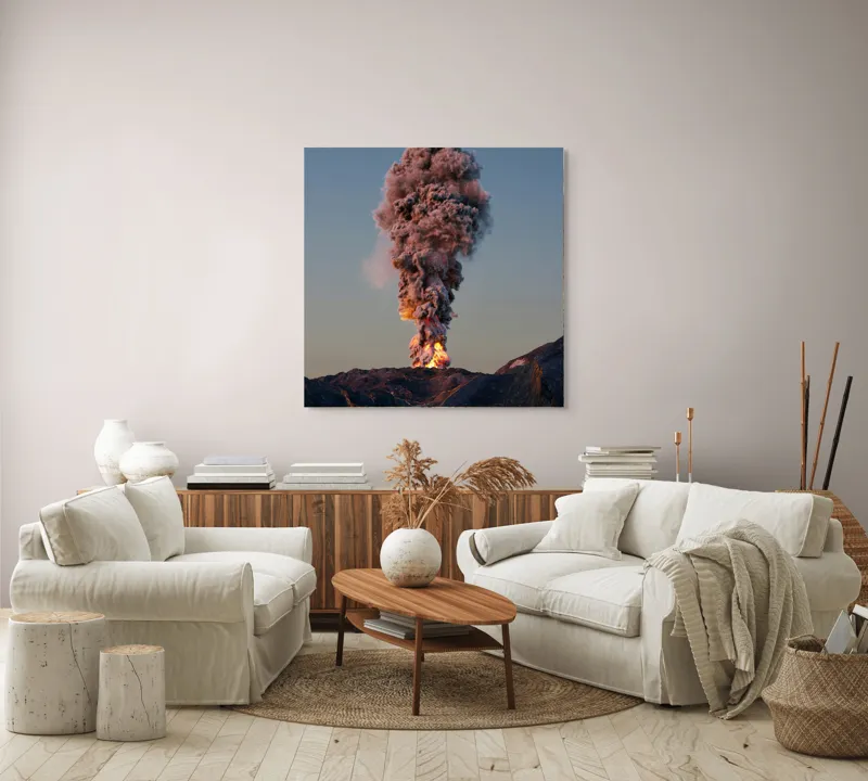 Tablou Canvas, "Eruptia vulcanului la apus", Nor, Erupție, Fum, Vulcan, Cer, Lava, Explozie, Impact, Seară, Peisaj, 100 x 100 cm – poza 3