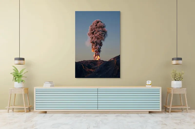 Tablou Canvas, "Eruptia vulcanului la apus", Nor, Erupție, Fum, Vulcan, Cer, Lava, Explozie, Impact, Seară, Peisaj, 100 x 150 cm – poza 4