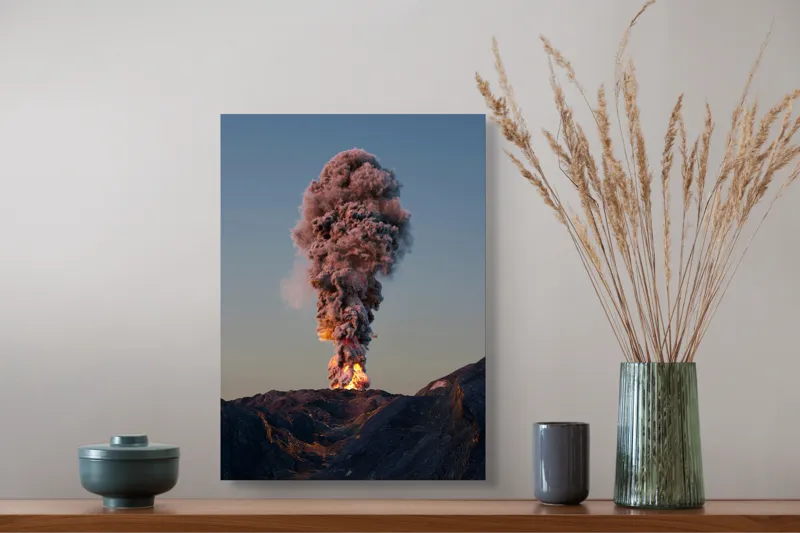 Tablou Canvas, "Eruptia vulcanului la apus", Nor, Erupție, Fum, Vulcan, Cer, Lava, Explozie, Impact, Seară, Peisaj, 39 x 54 cm – poza 3