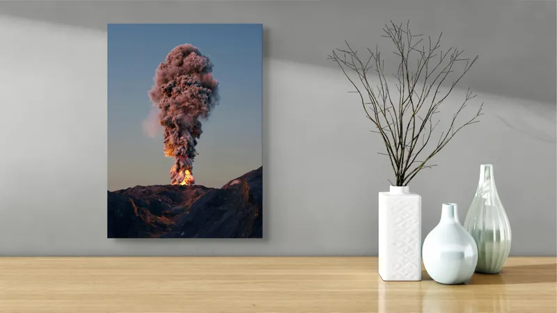Tablou Canvas, "Eruptia vulcanului la apus", Nor, Erupție, Fum, Vulcan, Cer, Lava, Explozie, Impact, Seară, Peisaj, 39 x 54 cm – poza 4