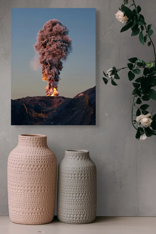 Tablou Canvas, "Eruptia vulcanului la apus", Nor, Erupție, Fum, Vulcan, Cer, Lava, Explozie, Impact, Seară, Peisaj, 39 x 54 cm – poza 6
