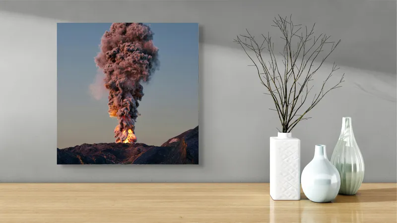 Tablou Canvas, "Eruptia vulcanului la apus", Nor, Erupție, Fum, Vulcan, Cer, Lava, Explozie, Impact, Seară, Peisaj, 50 x 50 cm – poza 3