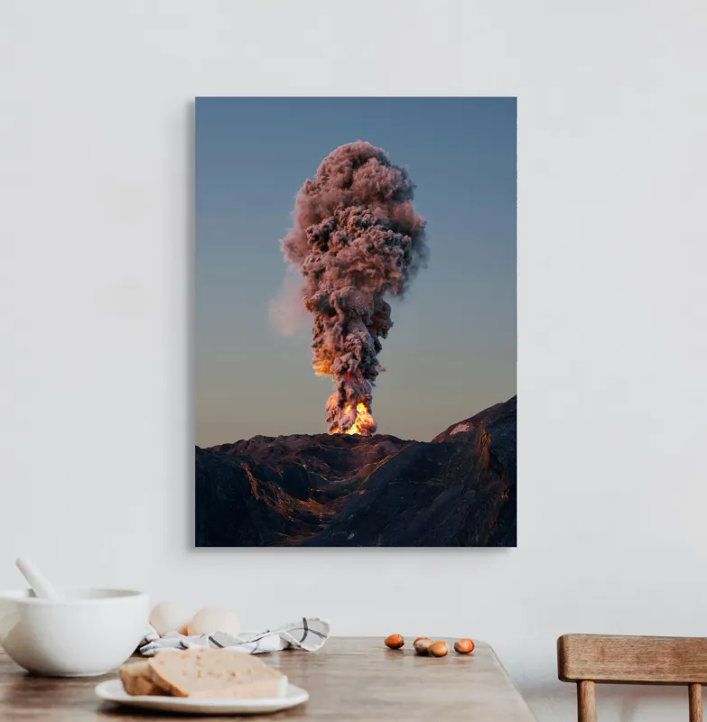 Tablou Canvas, "Eruptia vulcanului la apus", Nor, Erupție, Fum, Vulcan, Cer, Lava, Explozie, Impact, Seară, Peisaj, 50 x 70 cm – poza 3