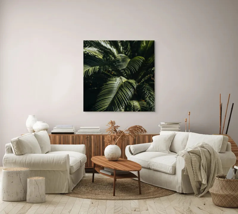 Tablou Canvas, "Frunzele misteriose ale junglelor tropicale", Frumusețe, Lumină, Verdeață, Frunze, Natură, Textură, 100 x 100 cm – poza 3