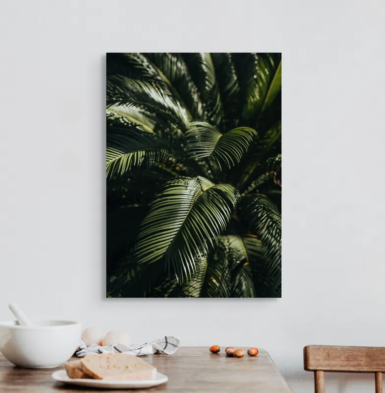 Tablou Canvas, "Frunzele misteriose ale junglelor tropicale", Frumusețe, Lumină, Verdeață, Frunze, Natură, Textură, 50 x 70 cm – poza 3