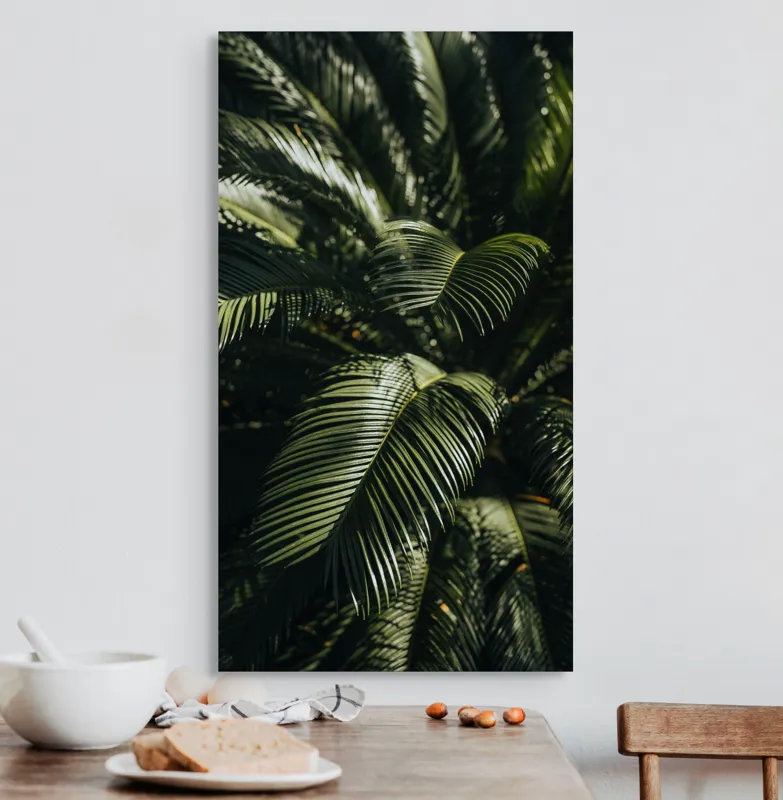 Tablou Canvas, "Frunzele misteriose ale junglelor tropicale", Frumusețe, Lumină, Verdeață, Frunze, Natură, Textură, 50 x 90 cm – poza 3