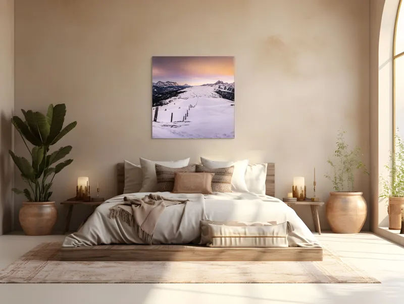 Tablou Canvas, "Tăcerea iernii în lumina amurgului", Munți, Zăpadă, Cer, Lumini, Apus, Vârfuri, Peisaj, Iarnă, Culoare, Panorama, 100 x 100 cm – poza 4