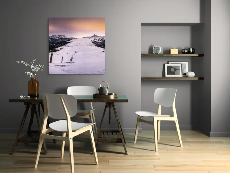 Tablou Canvas, "Tăcerea iernii în lumina amurgului", Munți, Zăpadă, Cer, Lumini, Apus, Vârfuri, Peisaj, Iarnă, Culoare, Panorama, 100 x 100 cm – poza 6