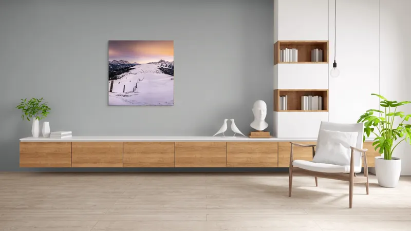 Tablou Canvas, "Tăcerea iernii în lumina amurgului", Munți, Zăpadă, Cer, Lumini, Apus, Vârfuri, Peisaj, Iarnă, Culoare, Panorama, 100 x 100 cm – poza 8
