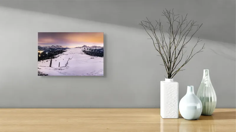Tablou Canvas, "Tăcerea iernii în lumina amurgului", Munți, Zăpadă, Cer, Lumini, Apus, Vârfuri, Peisaj, Iarnă, Culoare, Panorama, 39 x 26 cm – poza 8