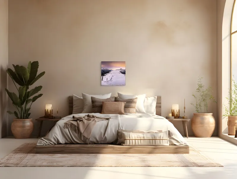 Tablou Canvas, "Tăcerea iernii în lumina amurgului", Munți, Zăpadă, Cer, Lumini, Apus, Vârfuri, Peisaj, Iarnă, Culoare, Panorama, 50 x 50 cm – poza 5