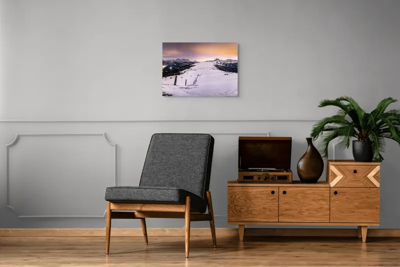 Tablou Canvas, "Tăcerea iernii în lumina amurgului", Munți, Zăpadă, Cer, Lumini, Apus, Vârfuri, Peisaj, Iarnă, Culoare, Panorama, 70 x 50 cm – poza 4