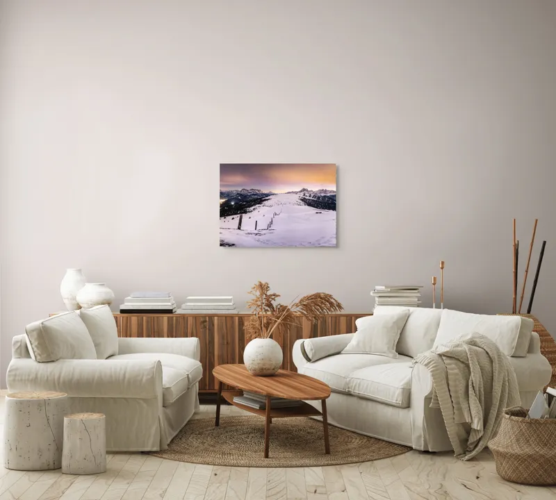 Tablou Canvas, "Tăcerea iernii în lumina amurgului", Munți, Zăpadă, Cer, Lumini, Apus, Vârfuri, Peisaj, Iarnă, Culoare, Panorama, 70 x 50 cm – poza 6