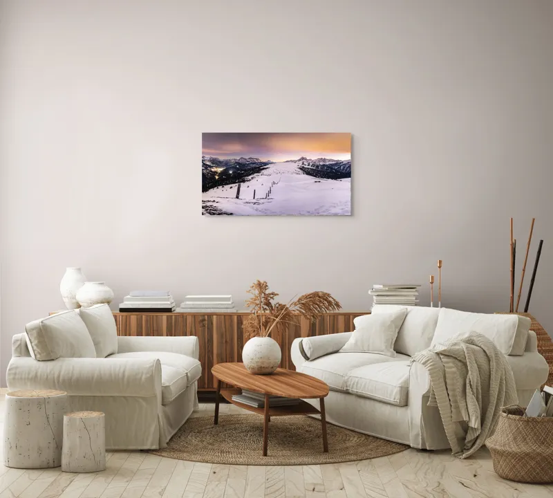Tablou Canvas, "Tăcerea iernii în lumina amurgului", Munți, Zăpadă, Cer, Lumini, Apus, Vârfuri, Peisaj, Iarnă, Culoare, Panorama, 90 x 50 cm – poza 4