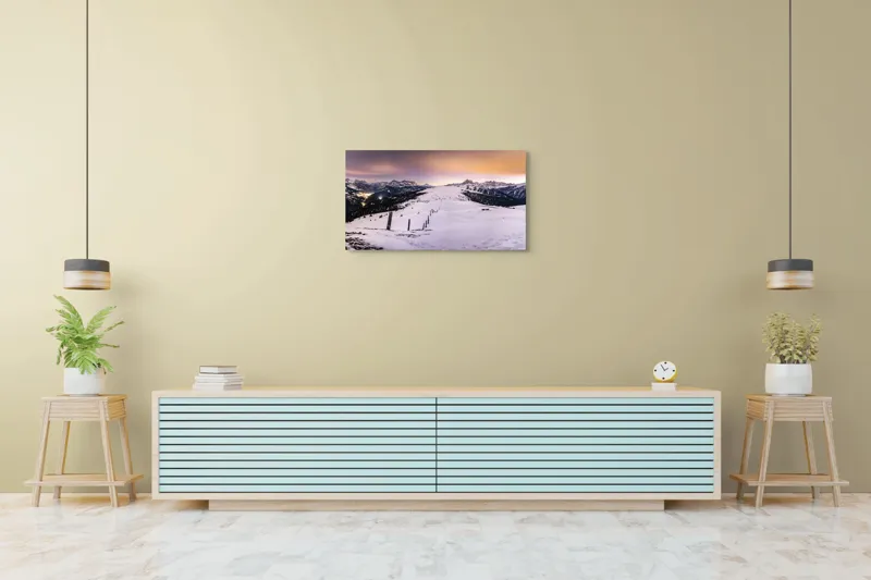 Tablou Canvas, "Tăcerea iernii în lumina amurgului", Munți, Zăpadă, Cer, Lumini, Apus, Vârfuri, Peisaj, Iarnă, Culoare, Panorama, 90 x 50 cm – poza 5