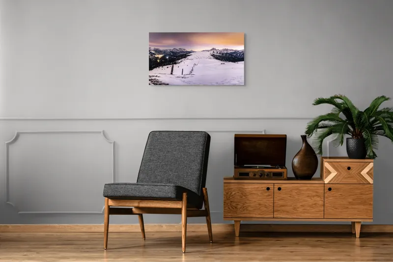 Tablou Canvas, "Tăcerea iernii în lumina amurgului", Munți, Zăpadă, Cer, Lumini, Apus, Vârfuri, Peisaj, Iarnă, Culoare, Panorama, 90 x 50 cm – poza 6
