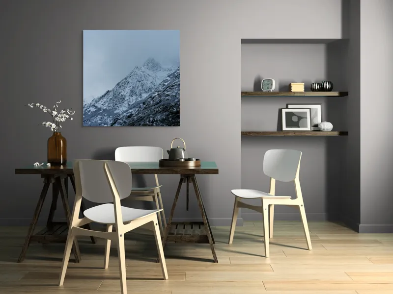 Tablou Canvas, "Munți învăluiți de ceață albăstruie", Nor, Munte, Frig, Pădure, Zăpadă, Ceață, Piscuri, Iarnă., 100 x 100 cm – poza 6