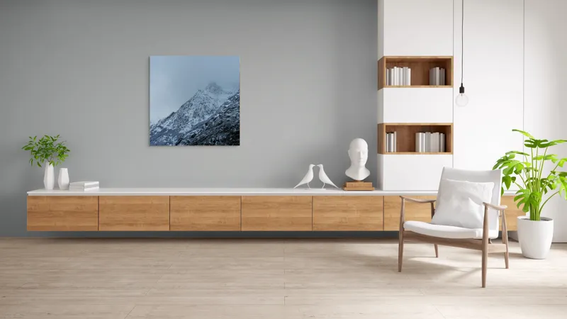 Tablou Canvas, "Munți învăluiți de ceață albăstruie", Nor, Munte, Frig, Pădure, Zăpadă, Ceață, Piscuri, Iarnă., 100 x 100 cm – poza 8