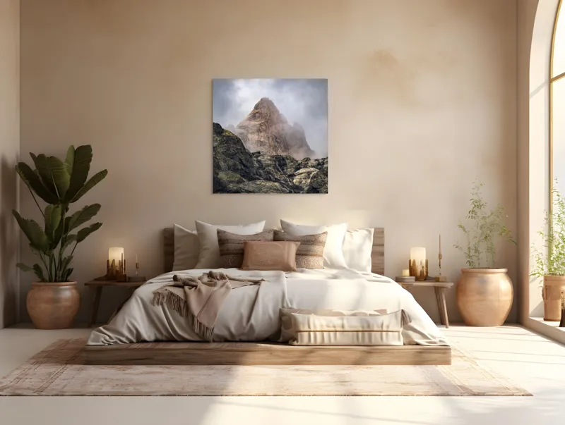 Tablou Canvas, "Muntele învăluit în ceață misterioasă", Nor, Munte, Stâncă, Cețos, Impunător, Rugos, Vârf, Misterios, Rece, Sălbatic., 100 x 100 cm – poza 4