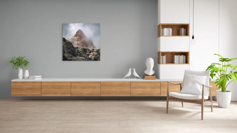 Tablou Canvas, "Muntele învăluit în ceață misterioasă", Nor, Munte, Stâncă, Cețos, Impunător, Rugos, Vârf, Misterios, Rece, Sălbatic., 100 x 100 cm – poza 8