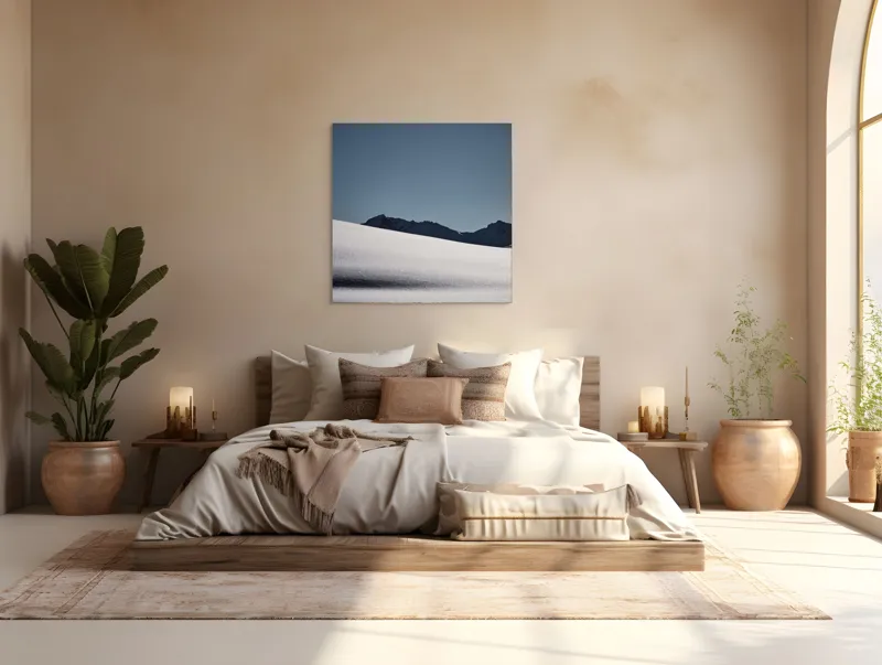 Tablou Canvas, "Liniște albă în munții îndepărtați", Zăpadă, Munte, Cer, Strălucire, Tranquilitate., 100 x 100 cm – poza 4
