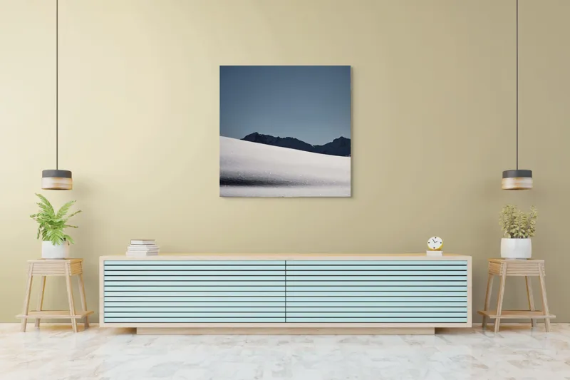 Tablou Canvas, "Liniște albă în munții îndepărtați", Zăpadă, Munte, Cer, Strălucire, Tranquilitate., 100 x 100 cm – poza 5