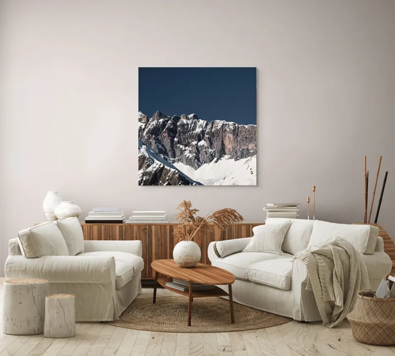 Tablou Canvas, "Munții în tăcere sub cerul albastru", Măreție, Albețe, Stânci, Răsărit, Imensitate, Contrast, Podoabă, Splendoare, 100 x 100 cm – poza 3