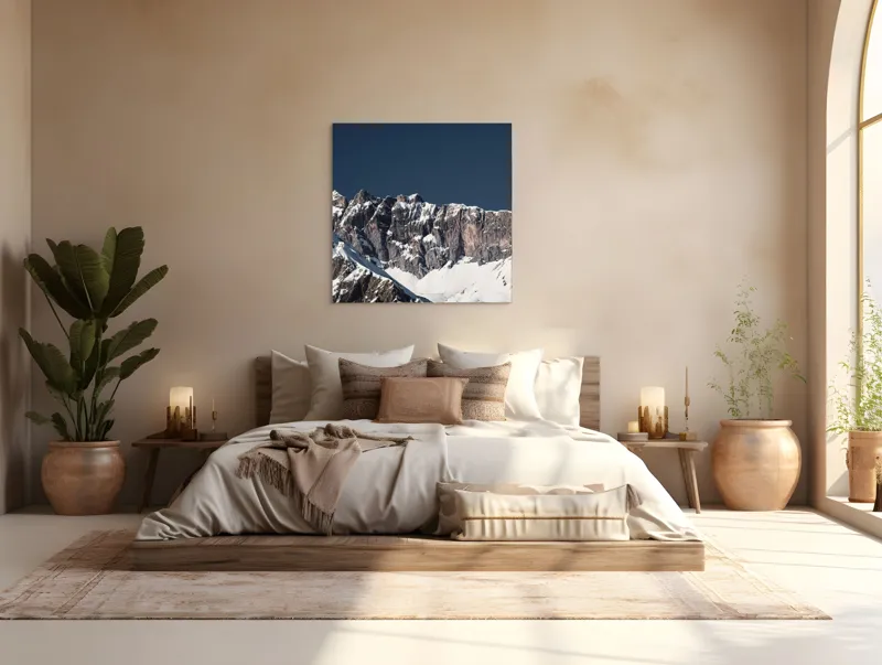 Tablou Canvas, "Munții în tăcere sub cerul albastru", Măreție, Albețe, Stânci, Răsărit, Imensitate, Contrast, Podoabă, Splendoare, 100 x 100 cm – poza 4