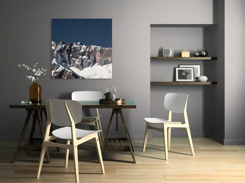 Tablou Canvas, "Munții în tăcere sub cerul albastru", Măreție, Albețe, Stânci, Răsărit, Imensitate, Contrast, Podoabă, Splendoare, 100 x 100 cm – poza 6