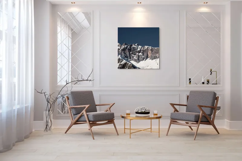 Tablou Canvas, "Munții în tăcere sub cerul albastru", Măreție, Albețe, Stânci, Răsărit, Imensitate, Contrast, Podoabă, Splendoare, 100 x 100 cm – poza 7