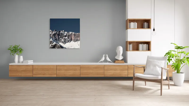Tablou Canvas, "Munții în tăcere sub cerul albastru", Măreție, Albețe, Stânci, Răsărit, Imensitate, Contrast, Podoabă, Splendoare, 100 x 100 cm – poza 8
