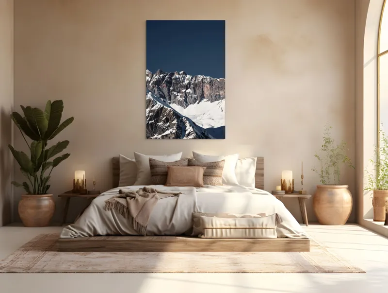 Tablou Canvas, "Munții în tăcere sub cerul albastru", Măreție, Albețe, Stânci, Răsărit, Imensitate, Contrast, Podoabă, Splendoare, 100 x 150 cm – poza 3