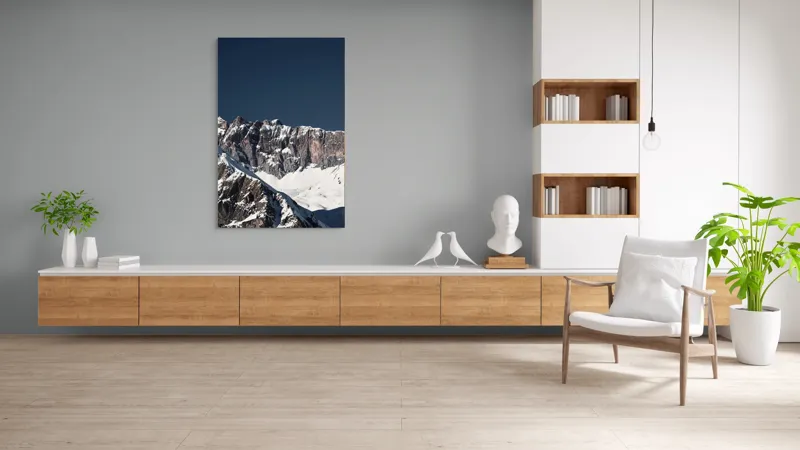 Tablou Canvas, "Munții în tăcere sub cerul albastru", Măreție, Albețe, Stânci, Răsărit, Imensitate, Contrast, Podoabă, Splendoare, 100 x 150 cm – poza 8