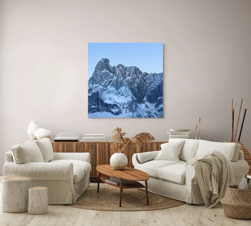Tablou Canvas, "Piscurile înghețate ale dimineții alpine", Munți, Zăpadă, Stânci, Cer, Albastru, 100 x 100 cm – poza 3
