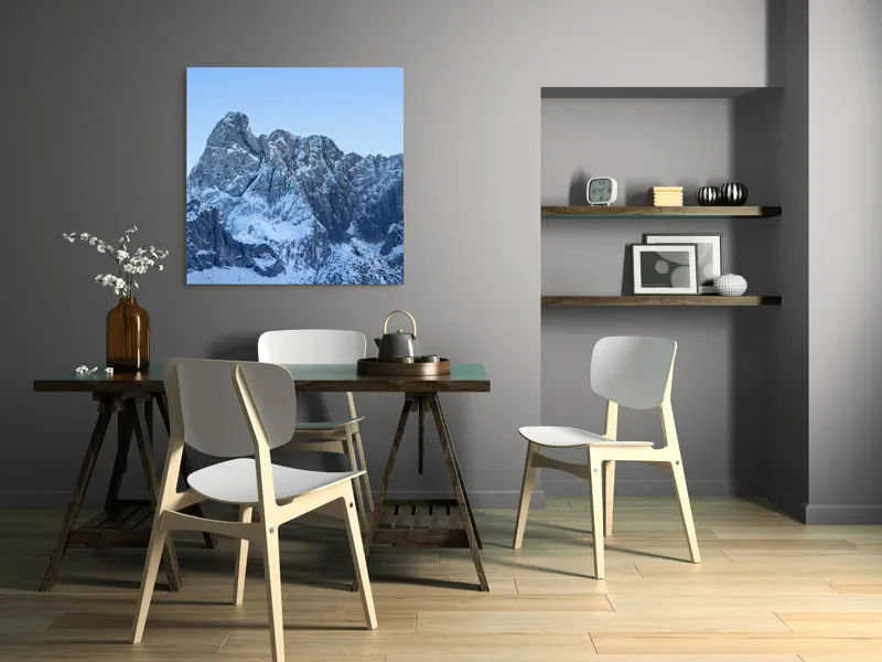 Tablou Canvas, "Piscurile înghețate ale dimineții alpine", Munți, Zăpadă, Stânci, Cer, Albastru, 100 x 100 cm – poza 6