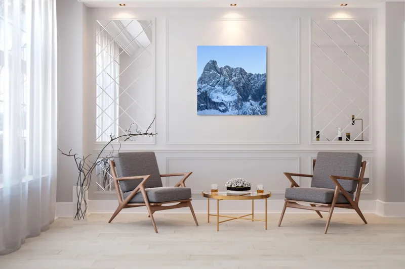 Tablou Canvas, "Piscurile înghețate ale dimineții alpine", Munți, Zăpadă, Stânci, Cer, Albastru, 100 x 100 cm – poza 7