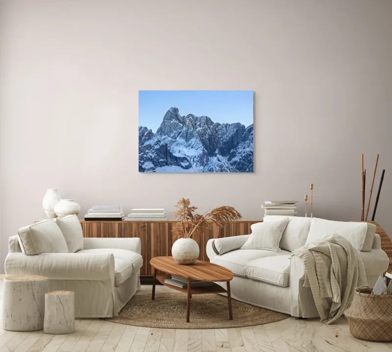 Tablou Canvas, "Piscurile înghețate ale dimineții alpine", Munți, Zăpadă, Stânci, Cer, Albastru, 100 x 70 cm – poza 3