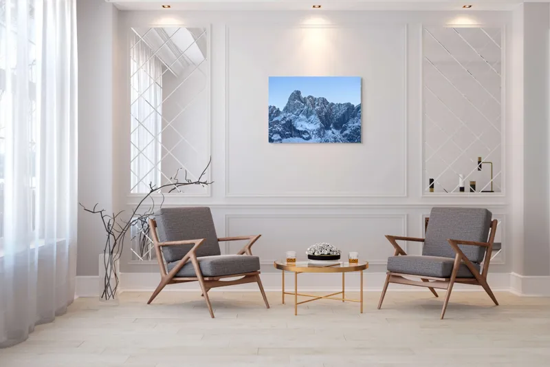 Tablou Canvas, "Piscurile înghețate ale dimineții alpine", Munți, Zăpadă, Stânci, Cer, Albastru, 100 x 70 cm – poza 5