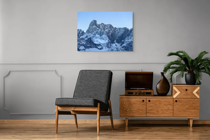 Tablou Canvas, "Piscurile înghețate ale dimineții alpine", Munți, Zăpadă, Stânci, Cer, Albastru, 100 x 70 cm – poza 8