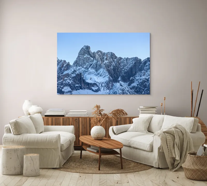 Tablou Canvas, "Piscurile înghețate ale dimineții alpine", Munți, Zăpadă, Stânci, Cer, Albastru, 150 x 100 cm – poza 3