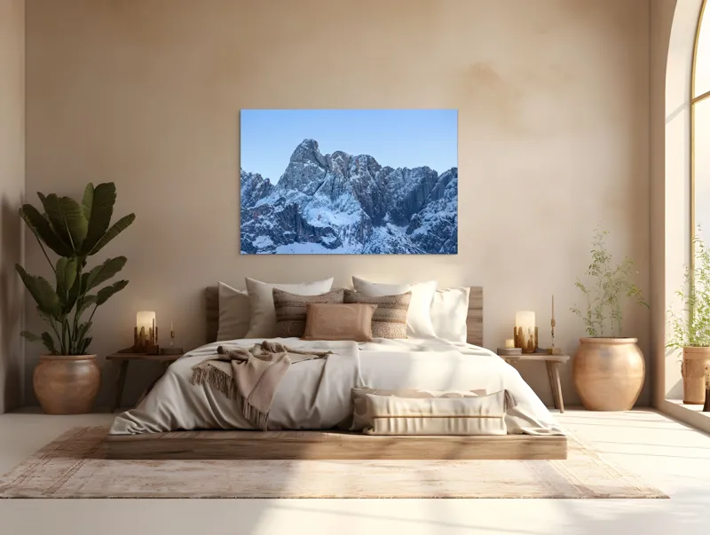 Tablou Canvas, "Piscurile înghețate ale dimineții alpine", Munți, Zăpadă, Stânci, Cer, Albastru, 150 x 100 cm – poza 4
