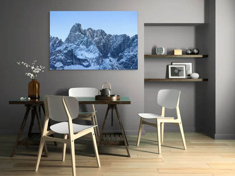 Tablou Canvas, "Piscurile înghețate ale dimineții alpine", Munți, Zăpadă, Stânci, Cer, Albastru, 150 x 100 cm – poza 5