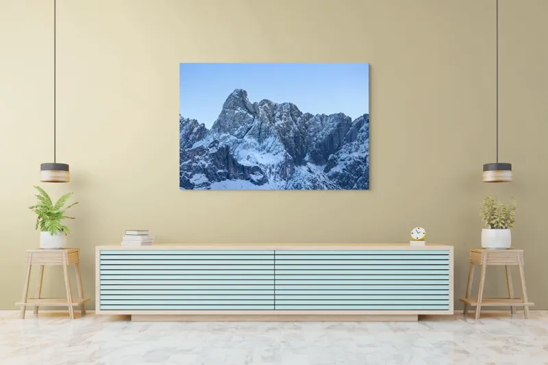 Tablou Canvas, "Piscurile înghețate ale dimineții alpine", Munți, Zăpadă, Stânci, Cer, Albastru, 150 x 100 cm – poza 6