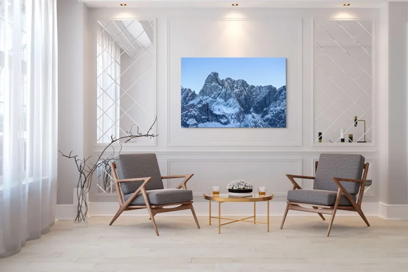 Tablou Canvas, "Piscurile înghețate ale dimineții alpine", Munți, Zăpadă, Stânci, Cer, Albastru, 150 x 100 cm – poza 7